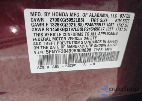 2009 Honda Pilot Ex z USA, uszkodzony, nr VIN 5FNYF38499B008896